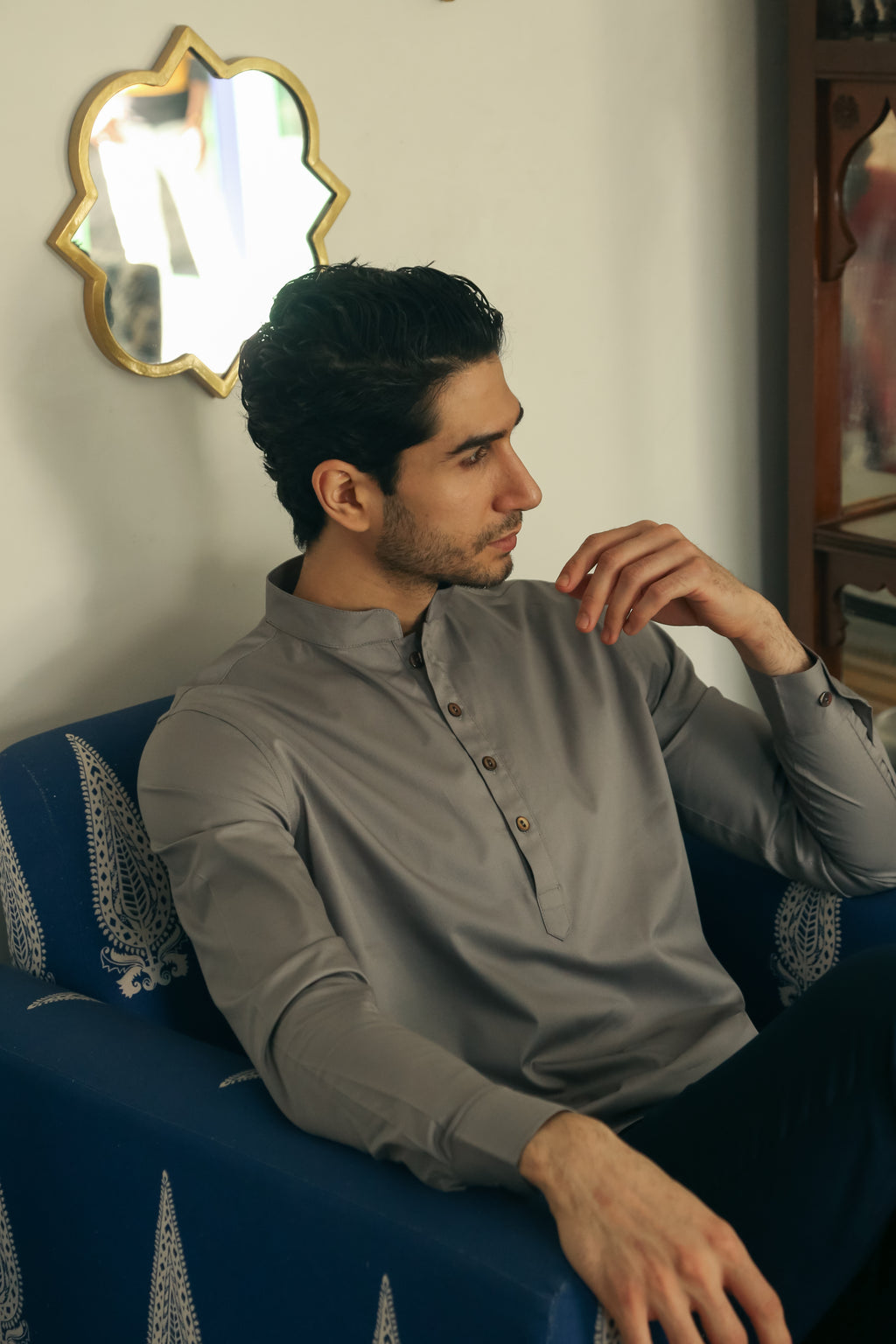 Men's Matte Grey Short Kurta with Mandarin Collar