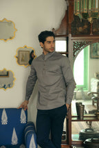 Men's Matte Grey Short Kurta with Mandarin Collar Short Kurta Short Kurta