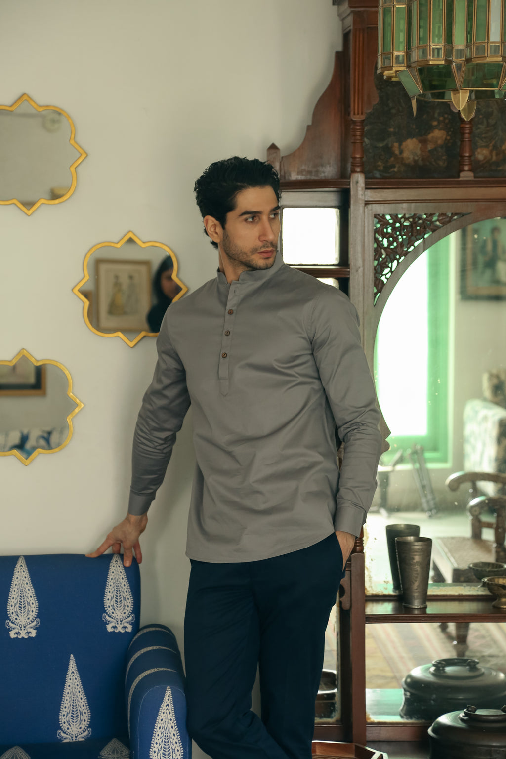 Men's Matte Grey Short Kurta with Mandarin Collar