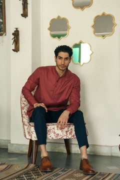 Men's Rustic Wine Short Kurta with Mandarin Collar