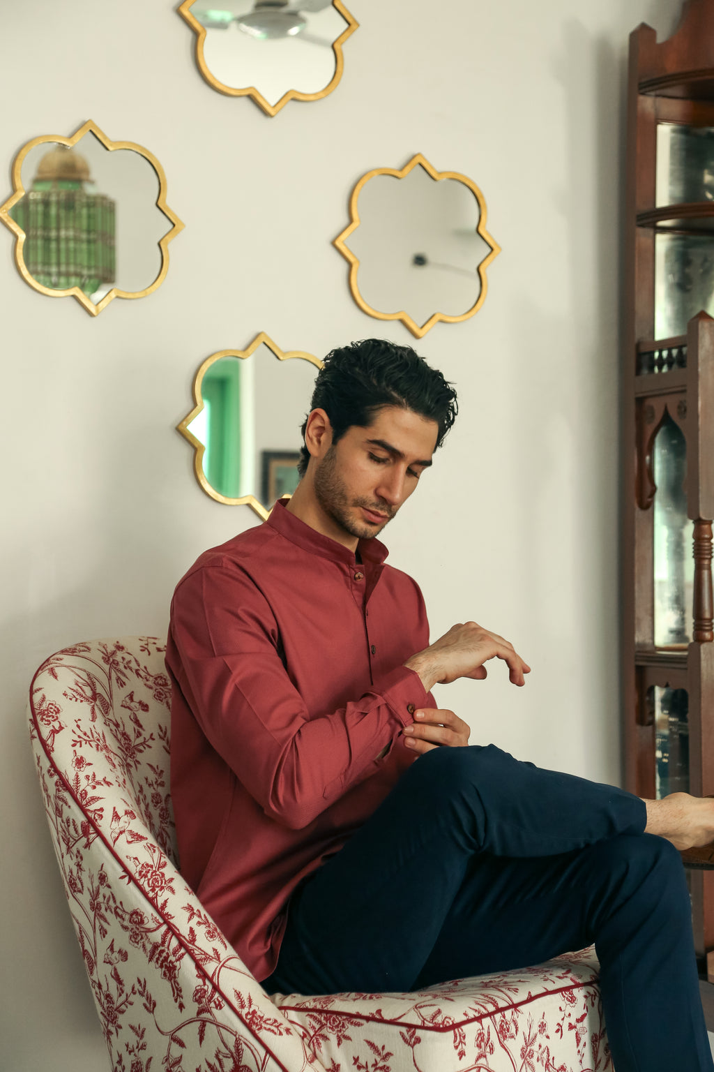 Men's Rustic Wine Short Kurta with Mandarin Collar