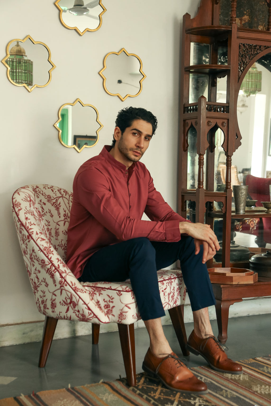 Men's Rustic Wine Short Kurta with Mandarin Collar