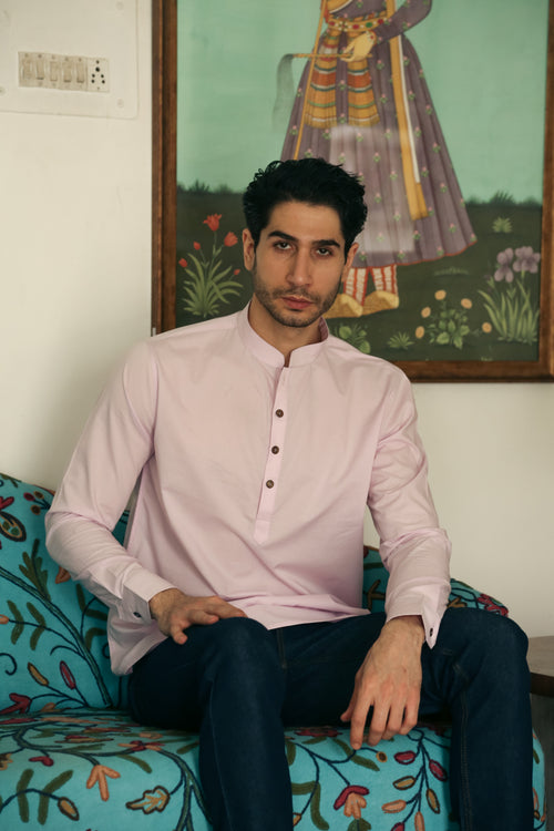 Men's Pastel Pink Short Kurta with Mandarin Collar
