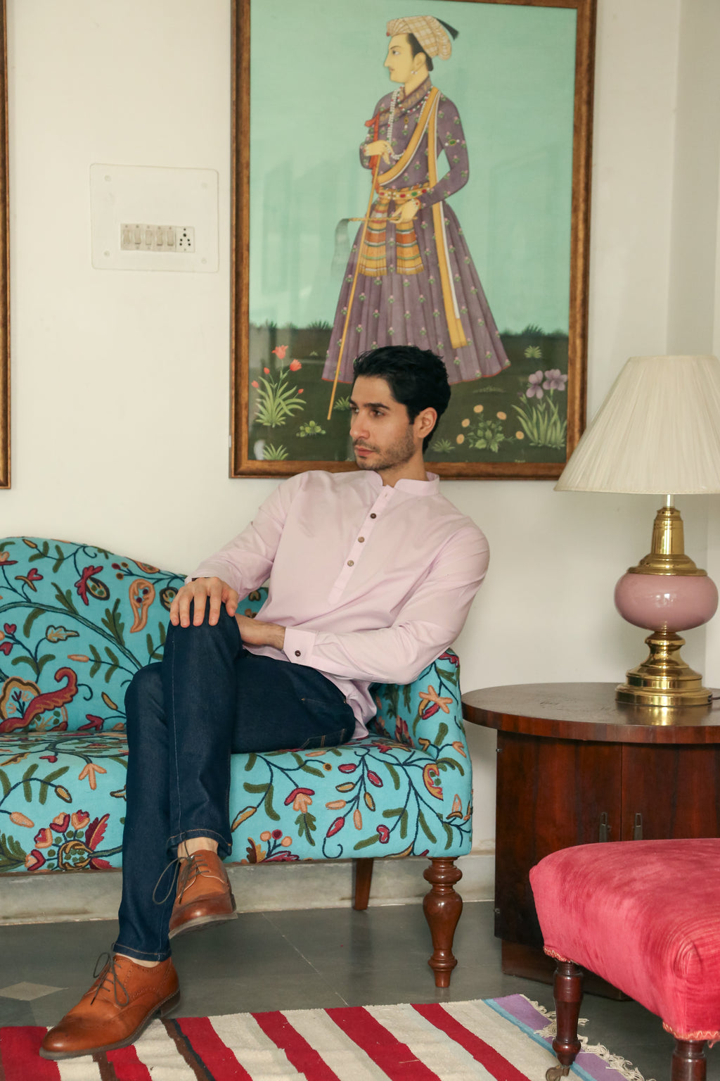 Men's Pastel Pink Short Kurta with Mandarin Collar