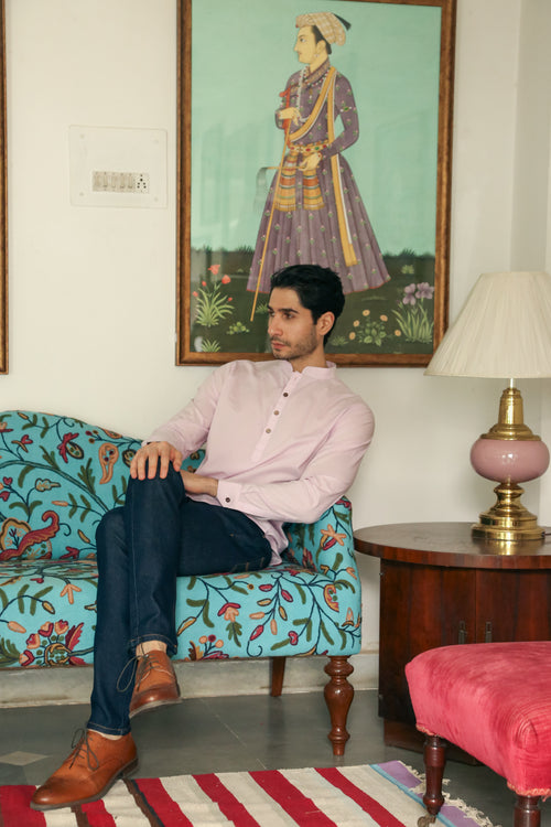 Men's Pastel Pink Short Kurta with Mandarin Collar