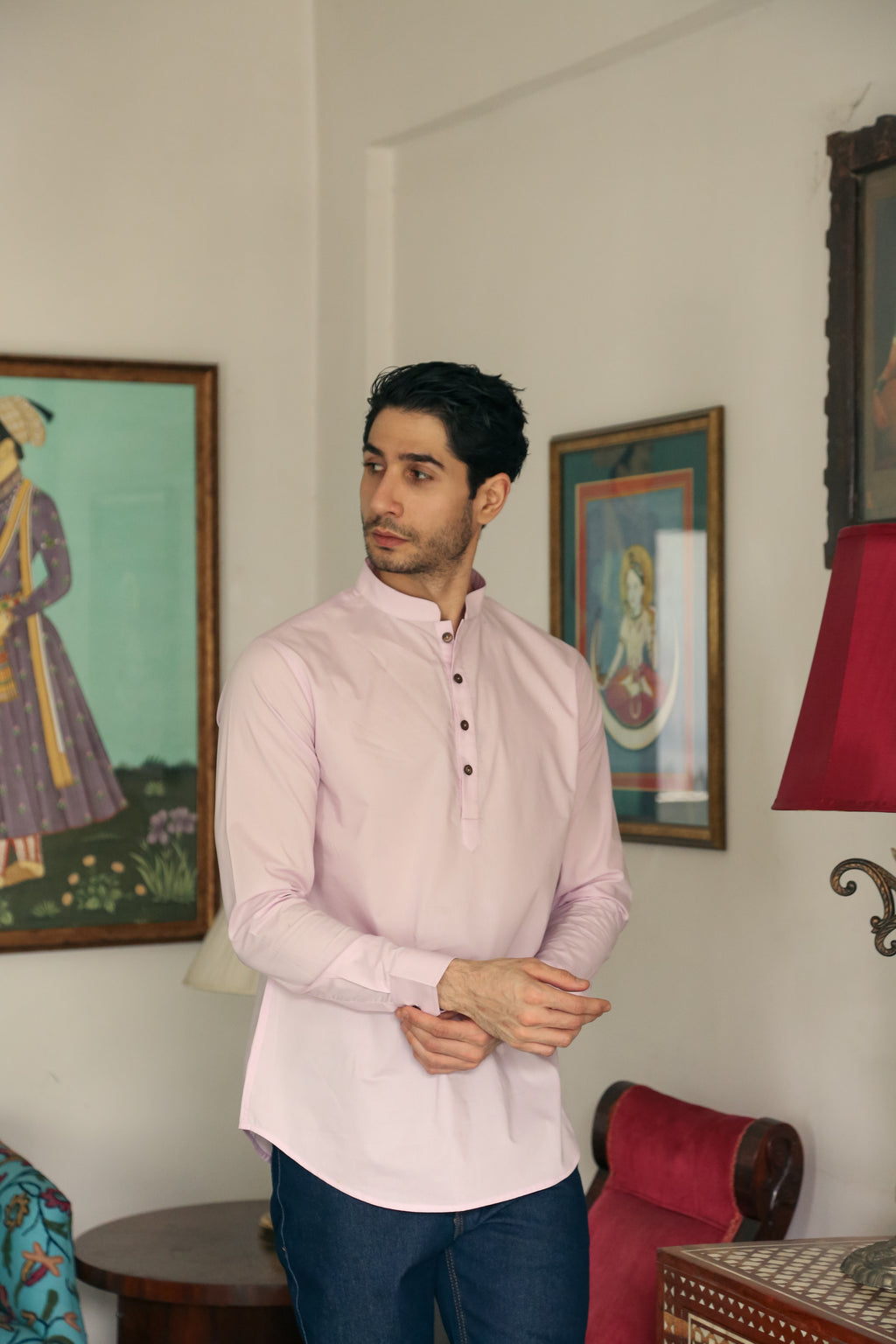 Men's Pastel Pink Short Kurta with Mandarin Collar