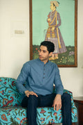 Men's Army Blue Short Kurta with Mandarin Collar Short Kurta Short Kurta