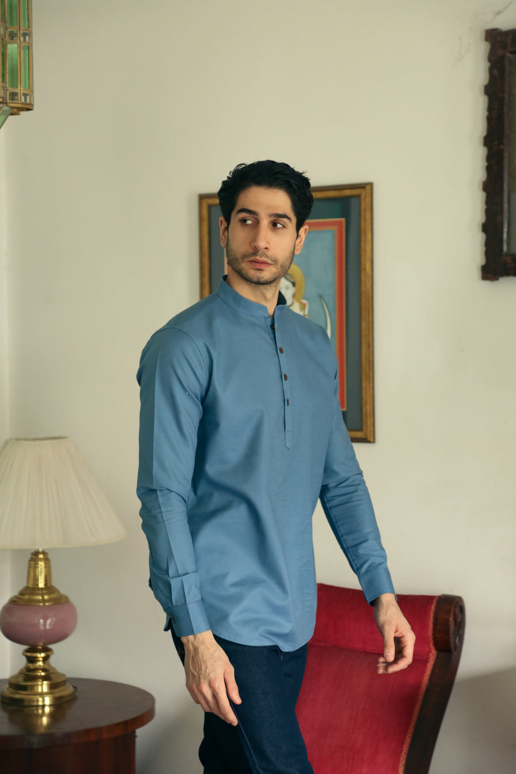 Men's Army Blue Short Kurta with Mandarin Collar