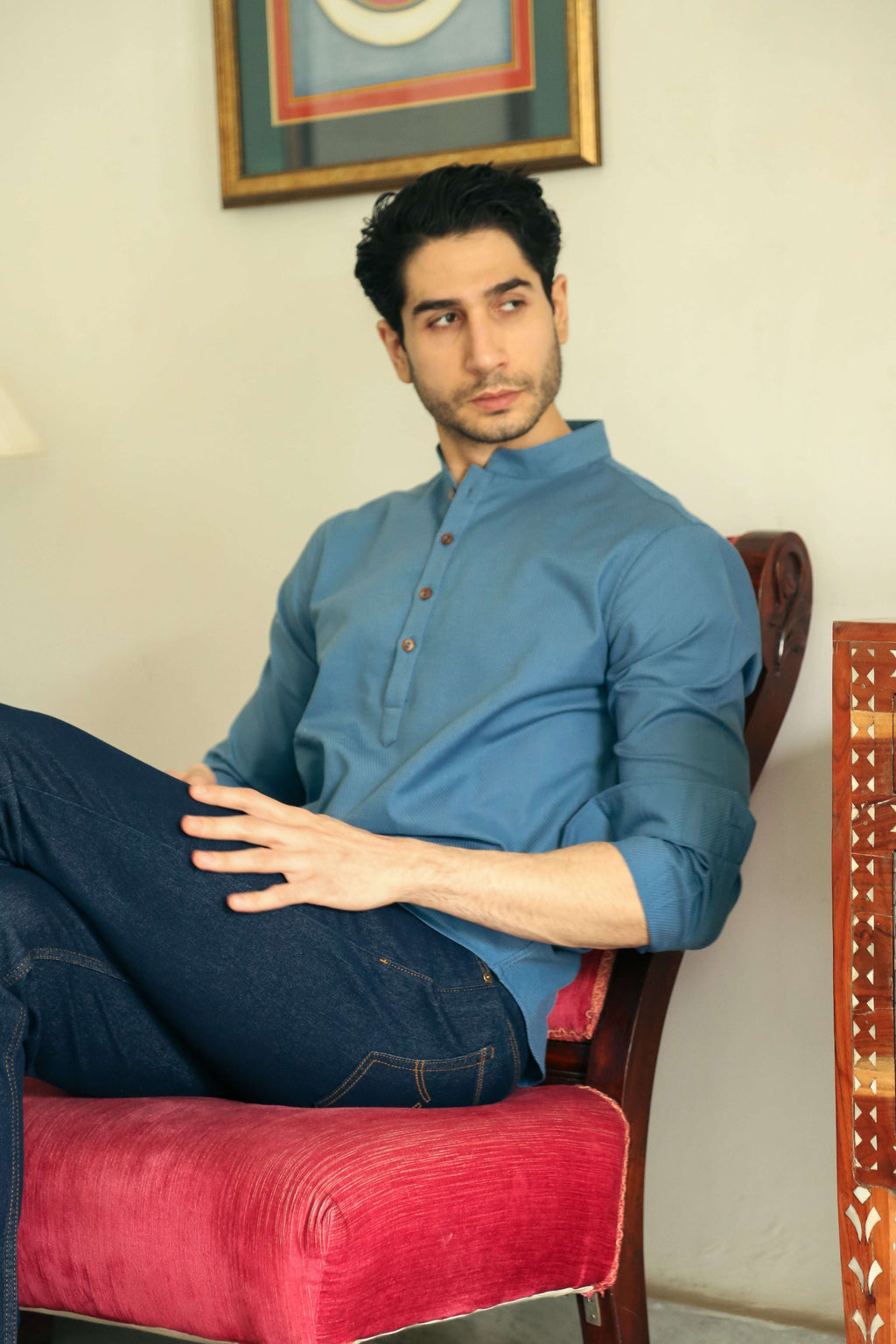 Men's Army Blue Short Kurta with Mandarin Collar Short Kurta Short Kurta