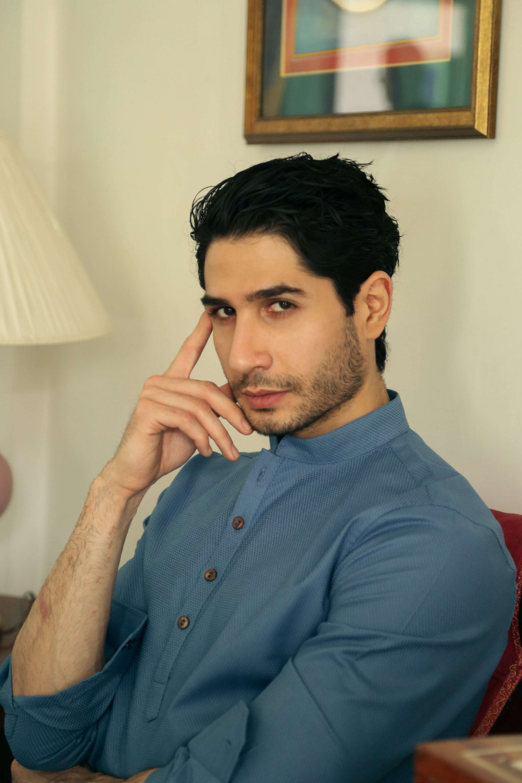 Men's Army Blue Short Kurta with Mandarin Collar Short Kurta Short Kurta