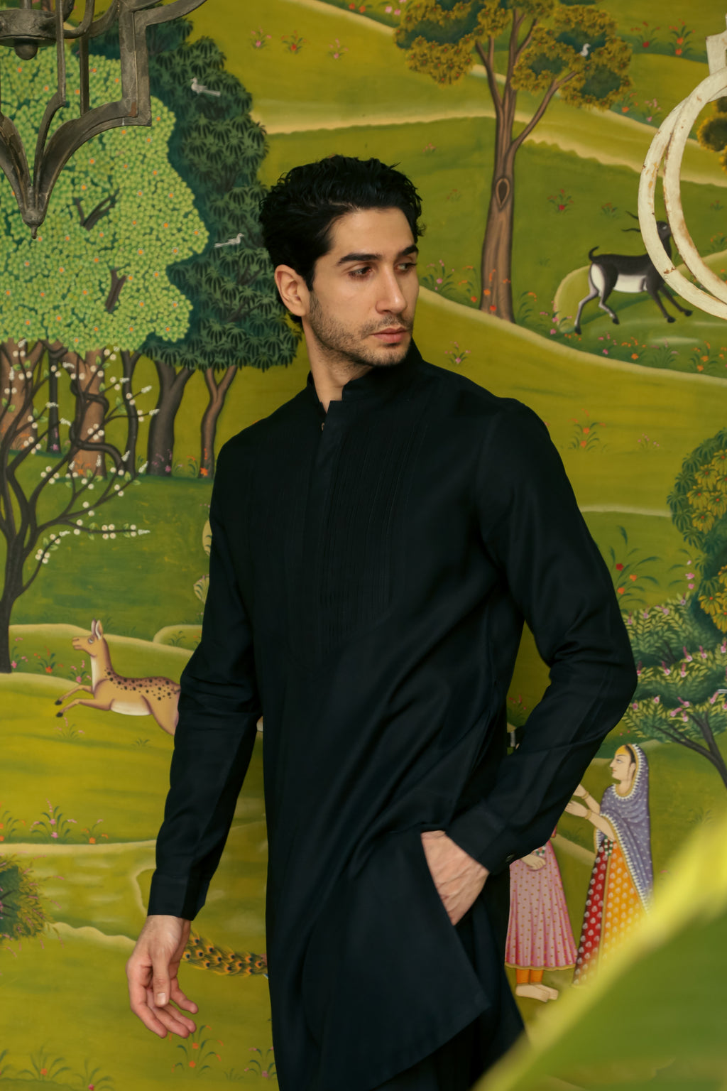 Men’s Black Mid-length Kurta Pant Set