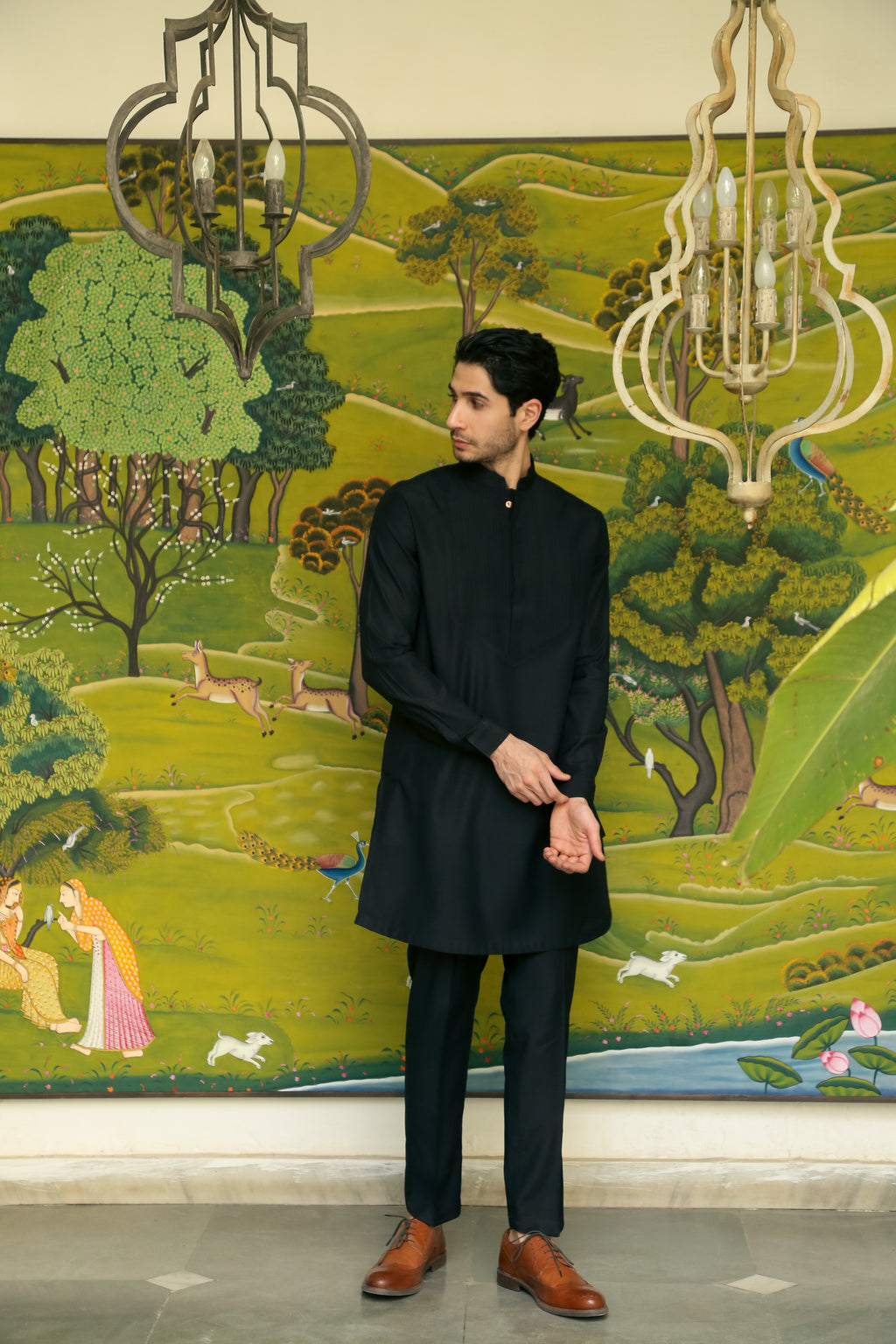 Men’s Black Mid-length Kurta Pant Set