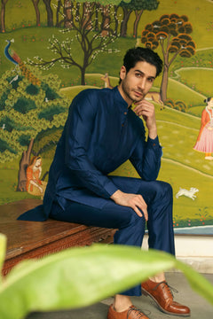 Men’s Navy Blue Mid-length Kurta Pant Set