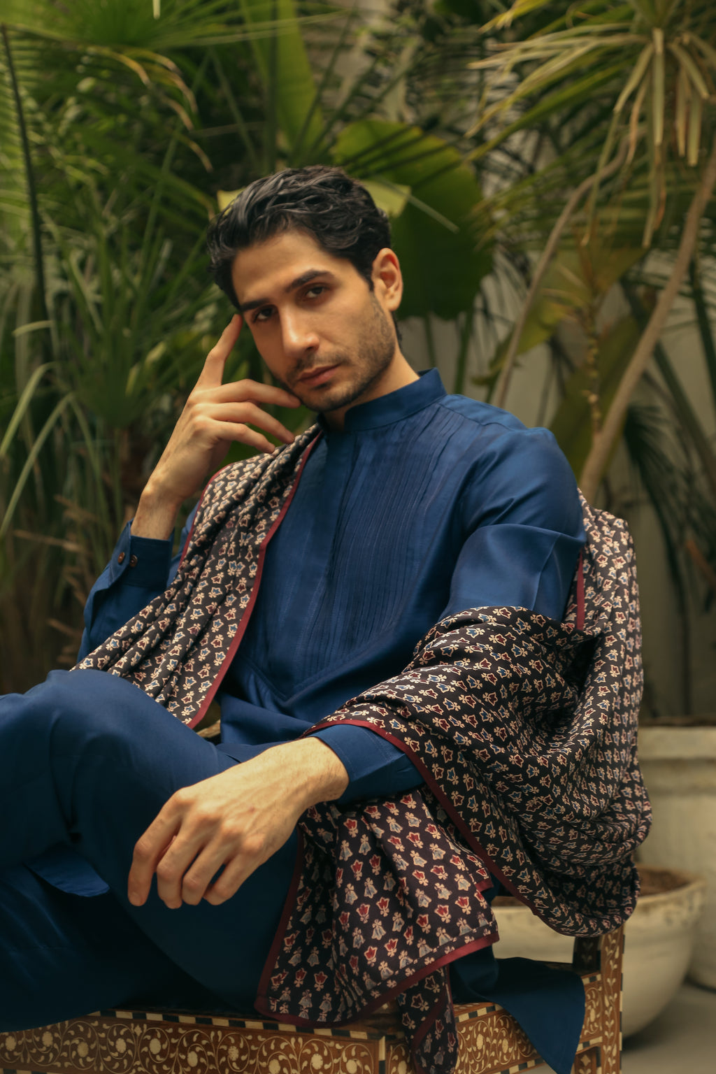 Men’s Navy Blue Mid-length Kurta Pant Set