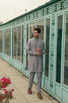 Men’s Light Grey Mid-length Kurta Pant Set