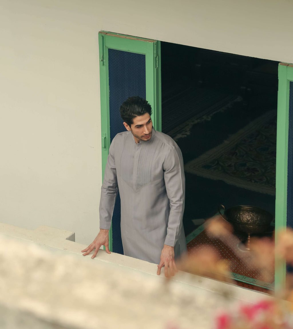 Men’s Light Grey Mid-length Kurta Pant Set Kurta Pant Set Kurta Pant Set