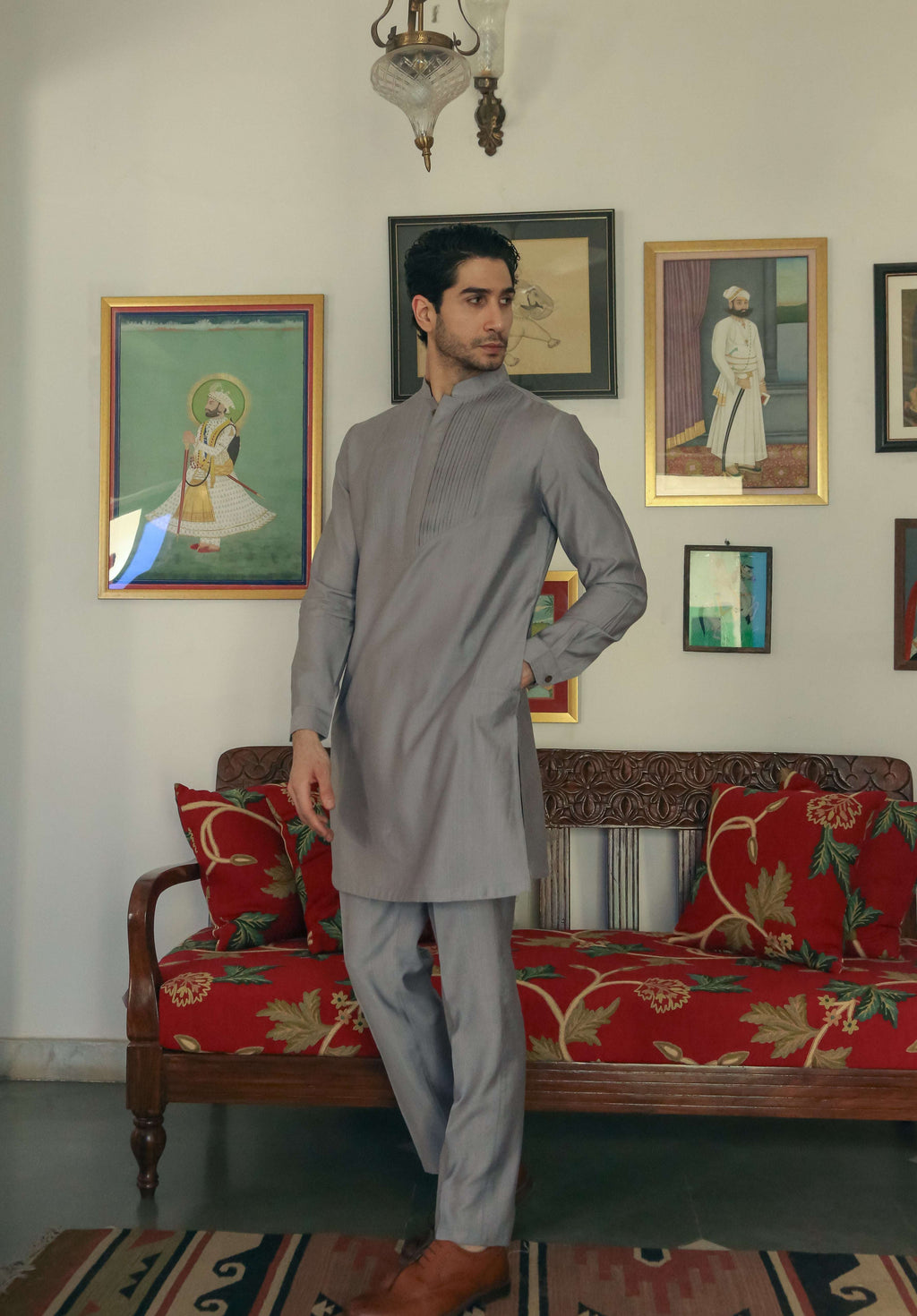 Men’s Light Grey Mid-length Kurta Pant Set Kurta Pant Set Kurta Pant Set