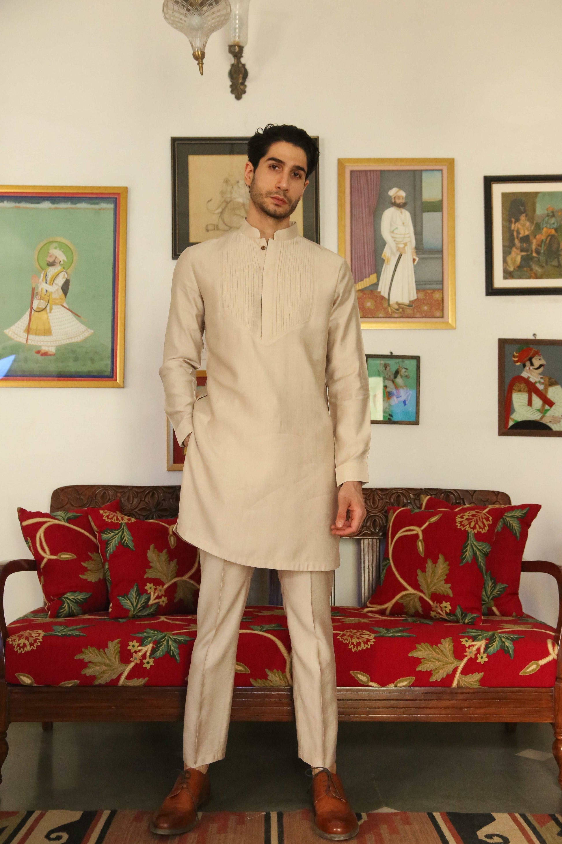 Men’s Beige Mid-length Kurta Pant Set Kurta Pant Set Kurta Pant Set