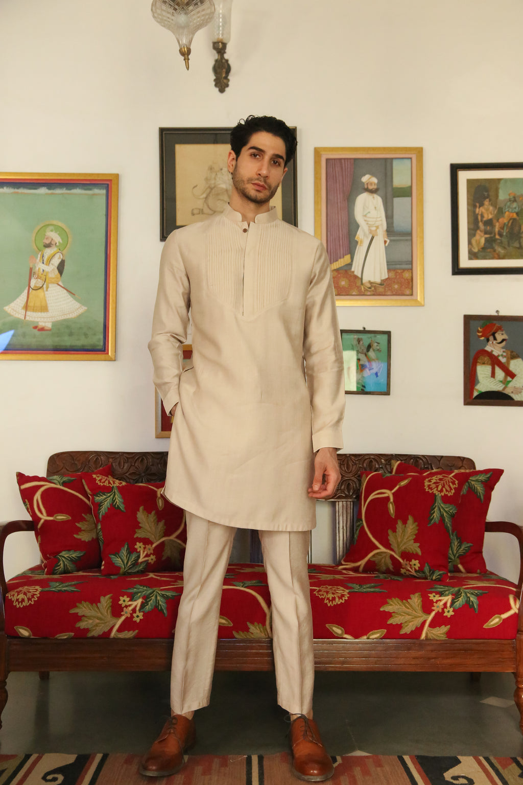 Men’s Beige Mid-length Kurta Pant Set