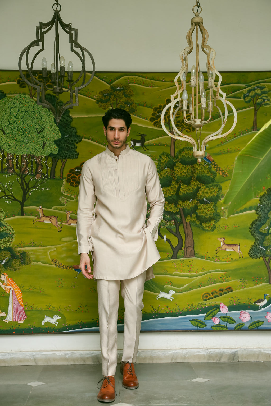 Men’s Beige Mid-length Kurta Pant Set