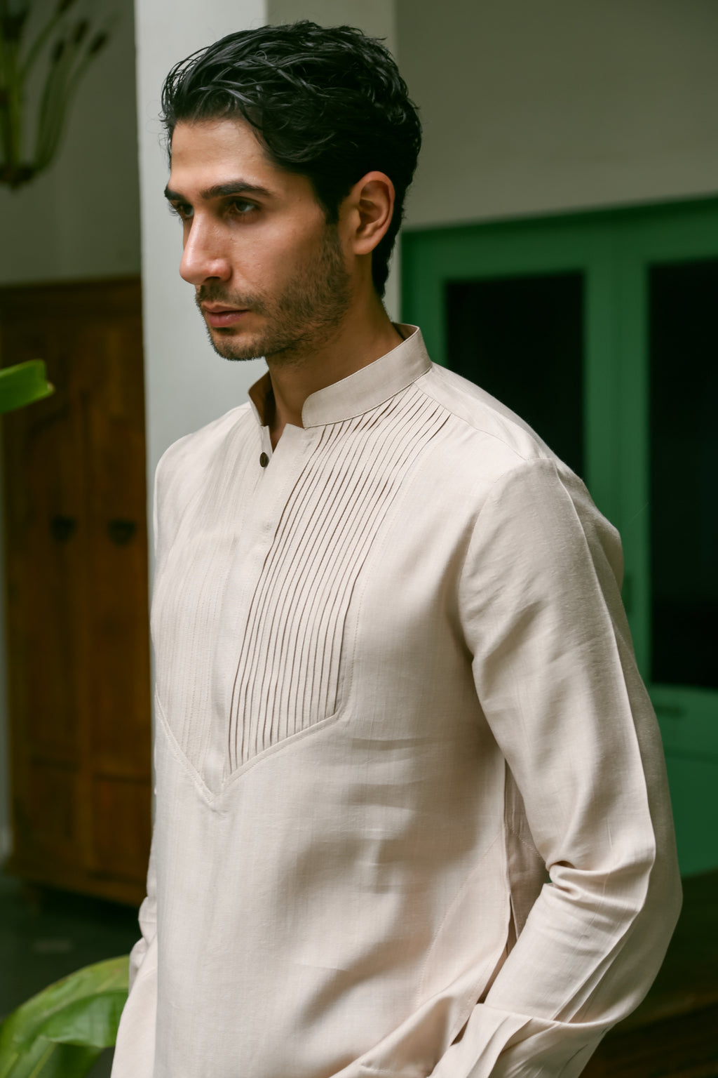 Men’s Beige Mid-length Kurta Pant Set