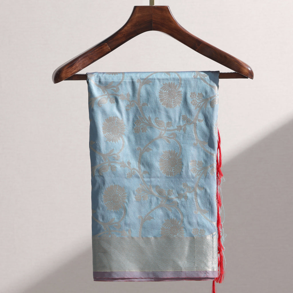 Ice Blue Banarasi Semi-Silk Floral Dupatta with Floral Zari Weaving