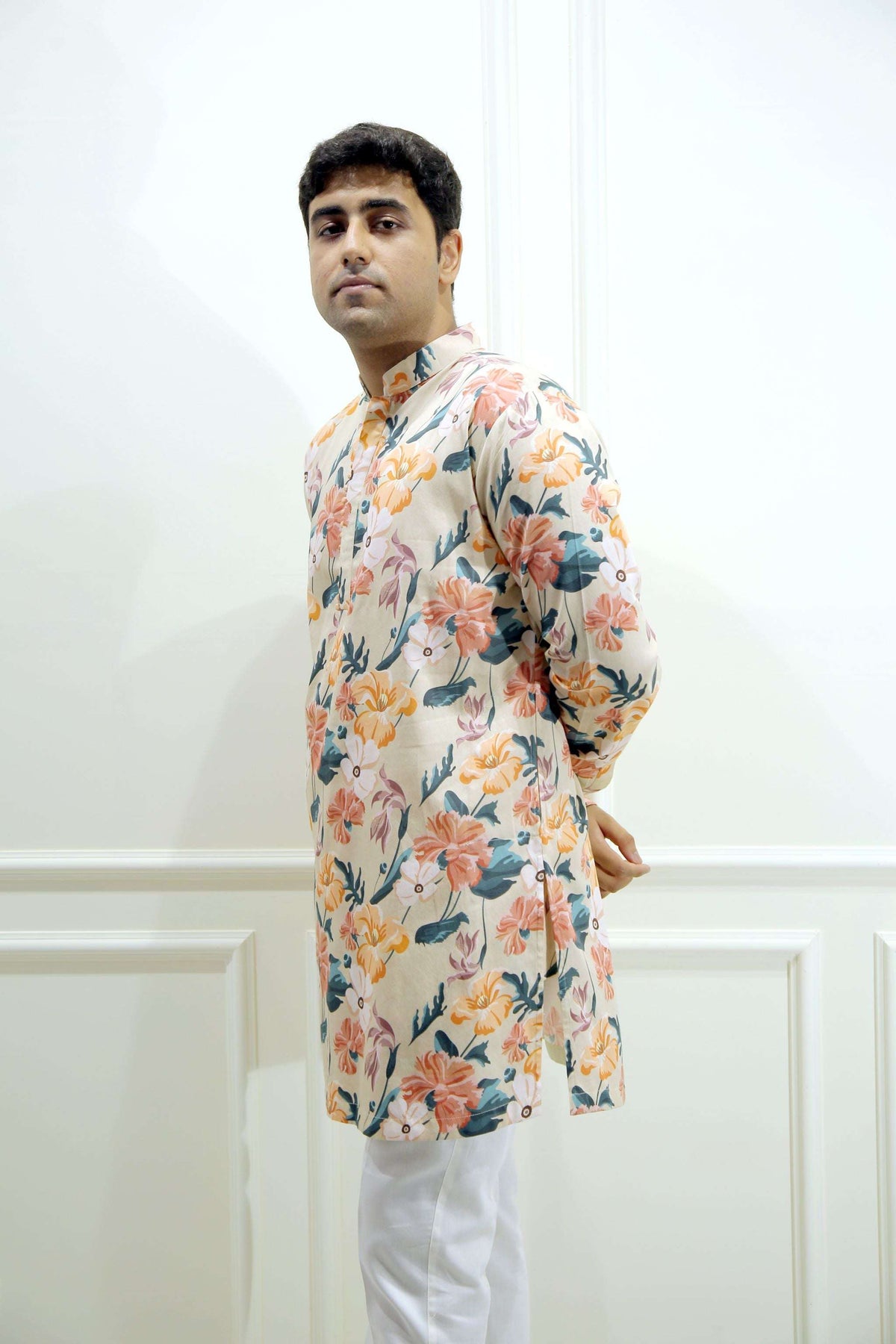 Men's Beige Floral Printed Cotton Silk Kurta Kurta Mid Length Kurta
