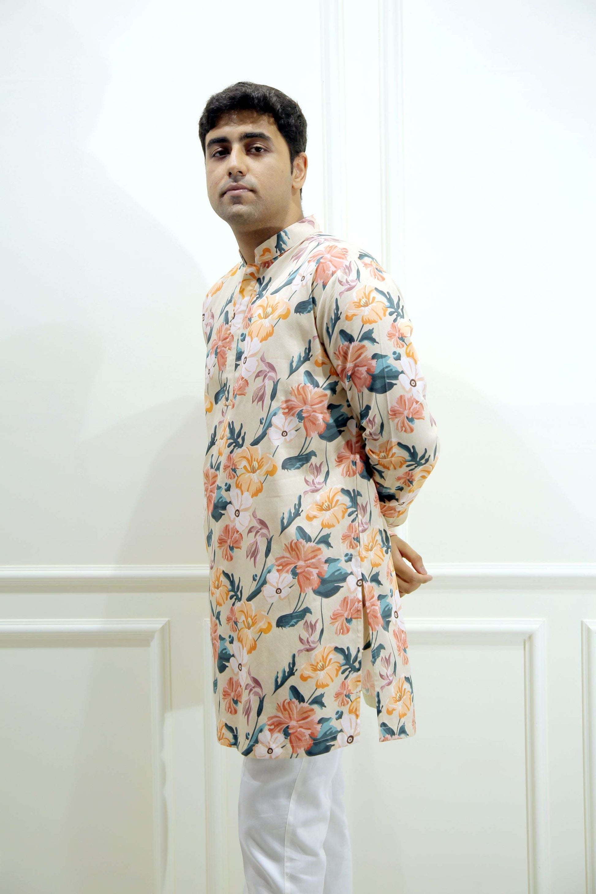 Men's Beige Floral Printed Cotton Silk Kurta Kurta Mid Length Kurta