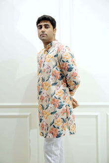 Men's Beige Floral Printed Cotton Silk Kurta