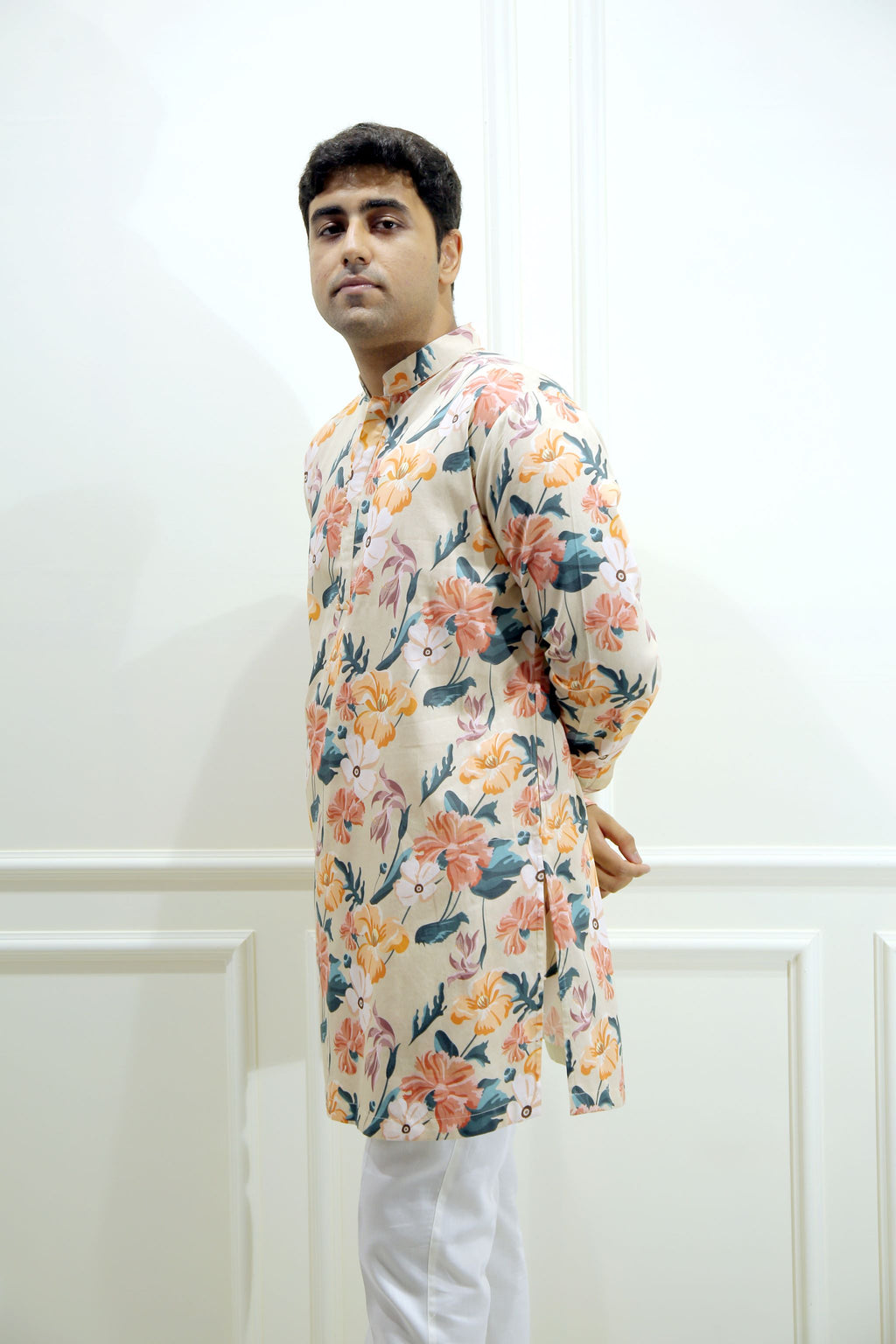 Men's Beige Floral Printed Cotton Silk Kurta