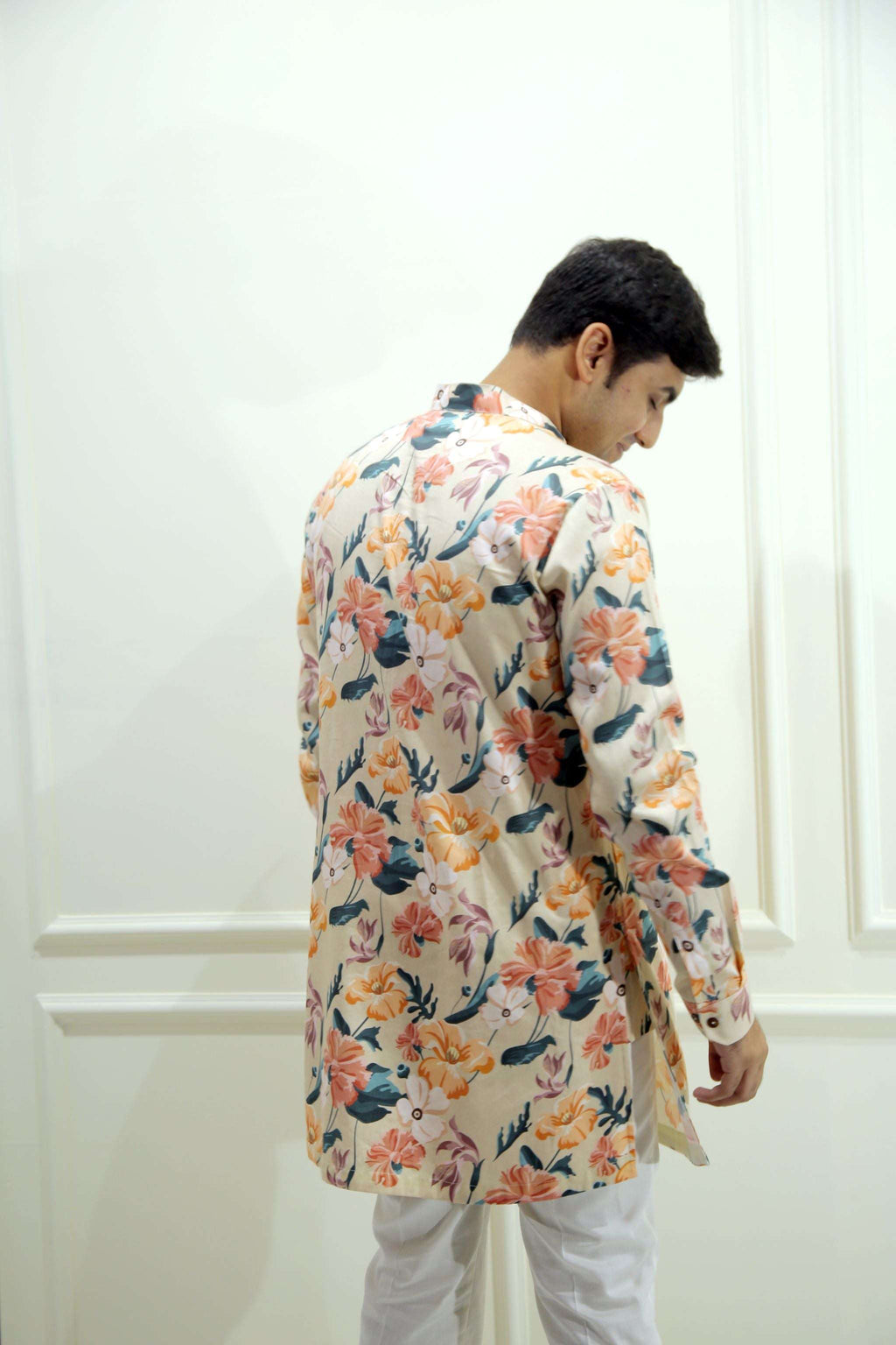 Men's Beige Floral Printed Cotton Silk Kurta Kurta Mid Length Kurta