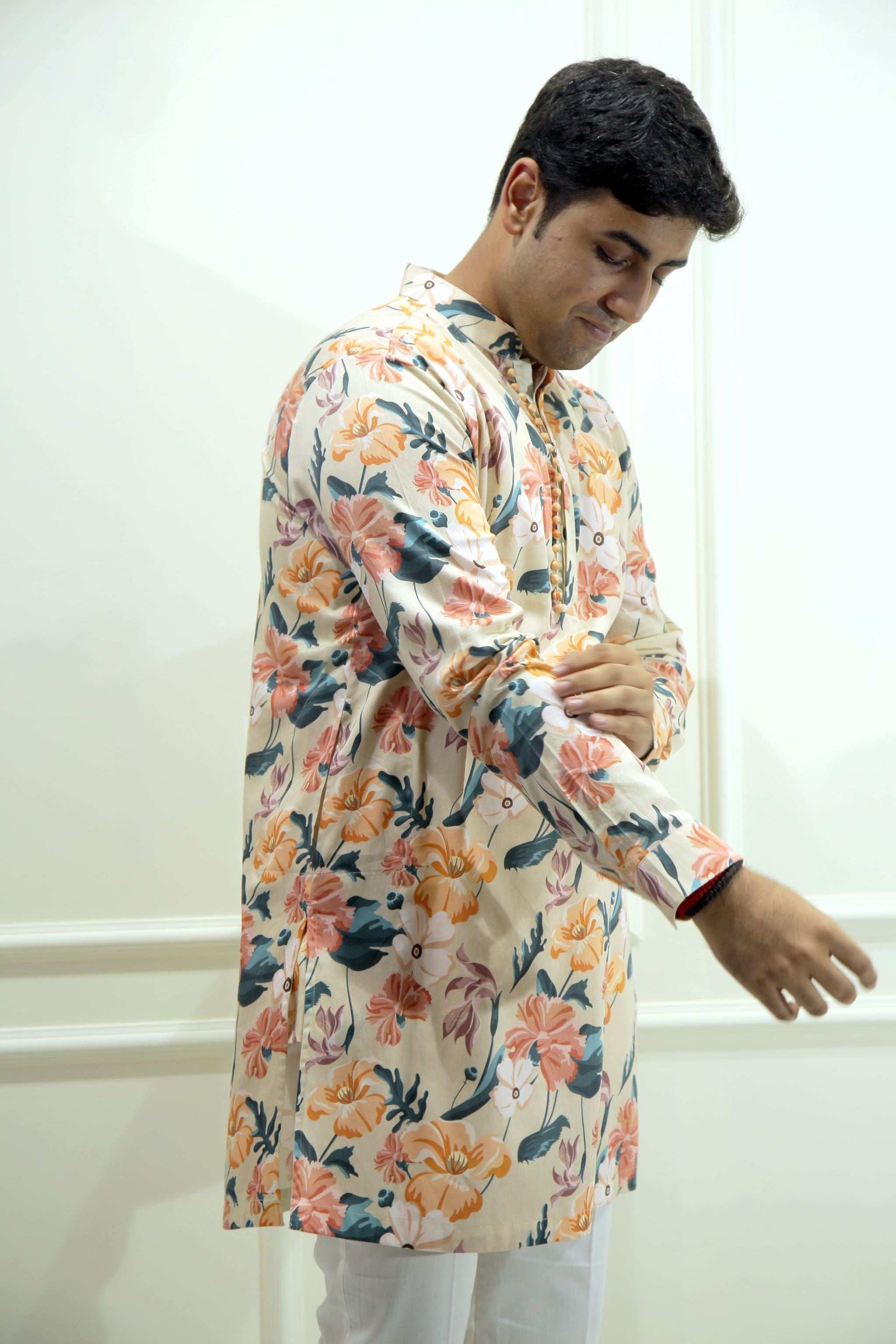 Men's Beige Floral Printed Cotton Silk Kurta Kurta Mid Length Kurta