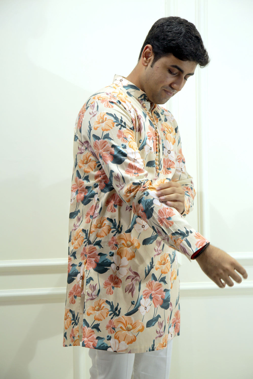 Men's Beige Floral Printed Cotton Silk Kurta
