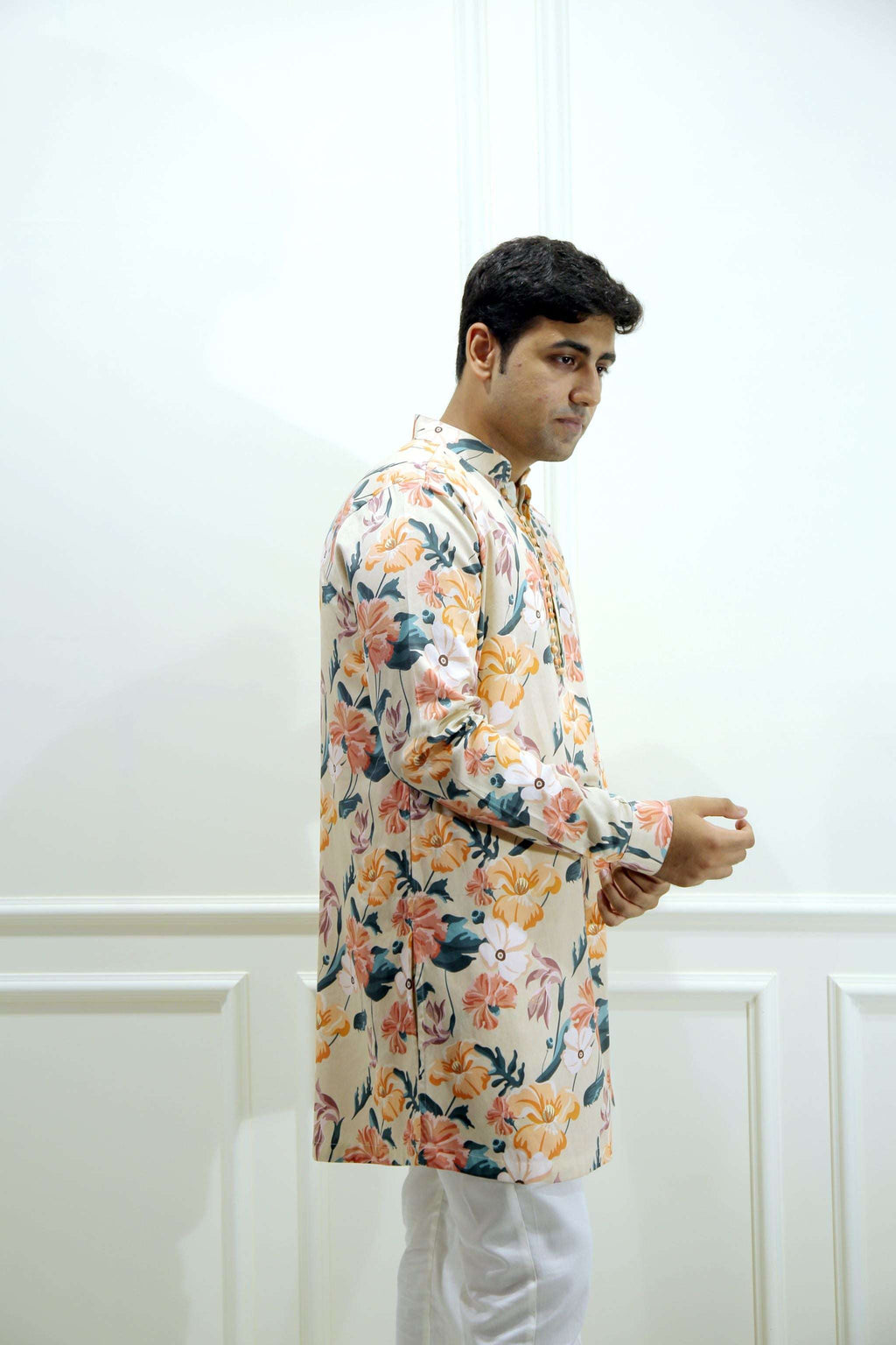 Men's Beige Floral Printed Cotton Silk Kurta Kurta Mid Length Kurta