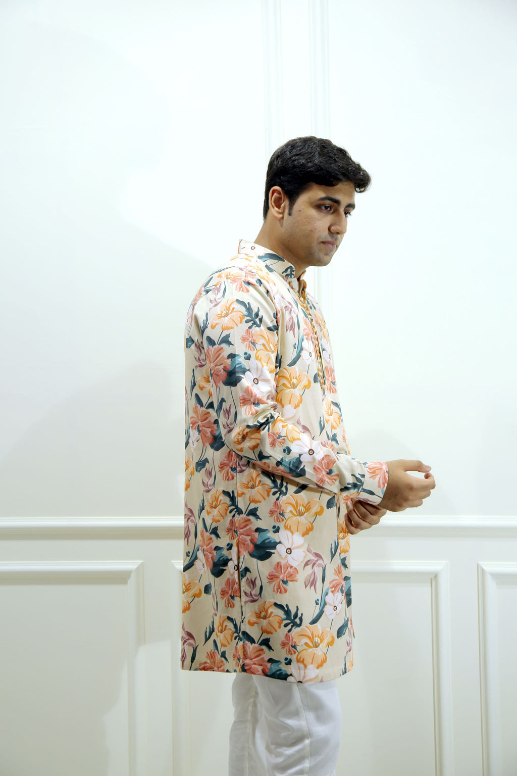 Men's Beige Floral Printed Cotton Silk Kurta
