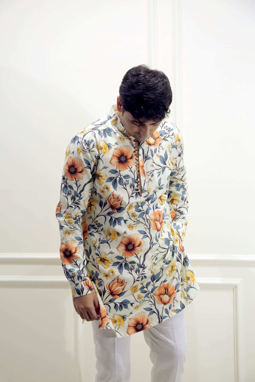 Men's Sunlight Beige Floral Printed Cotton Silk Kurta Kurta Mid Length Kurta