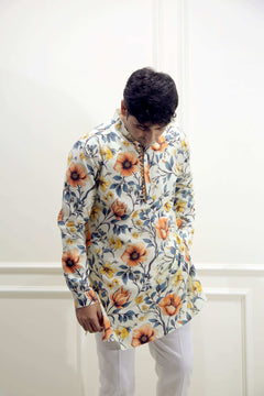 Men's Sunlight Beige Floral Printed Cotton Silk Kurta