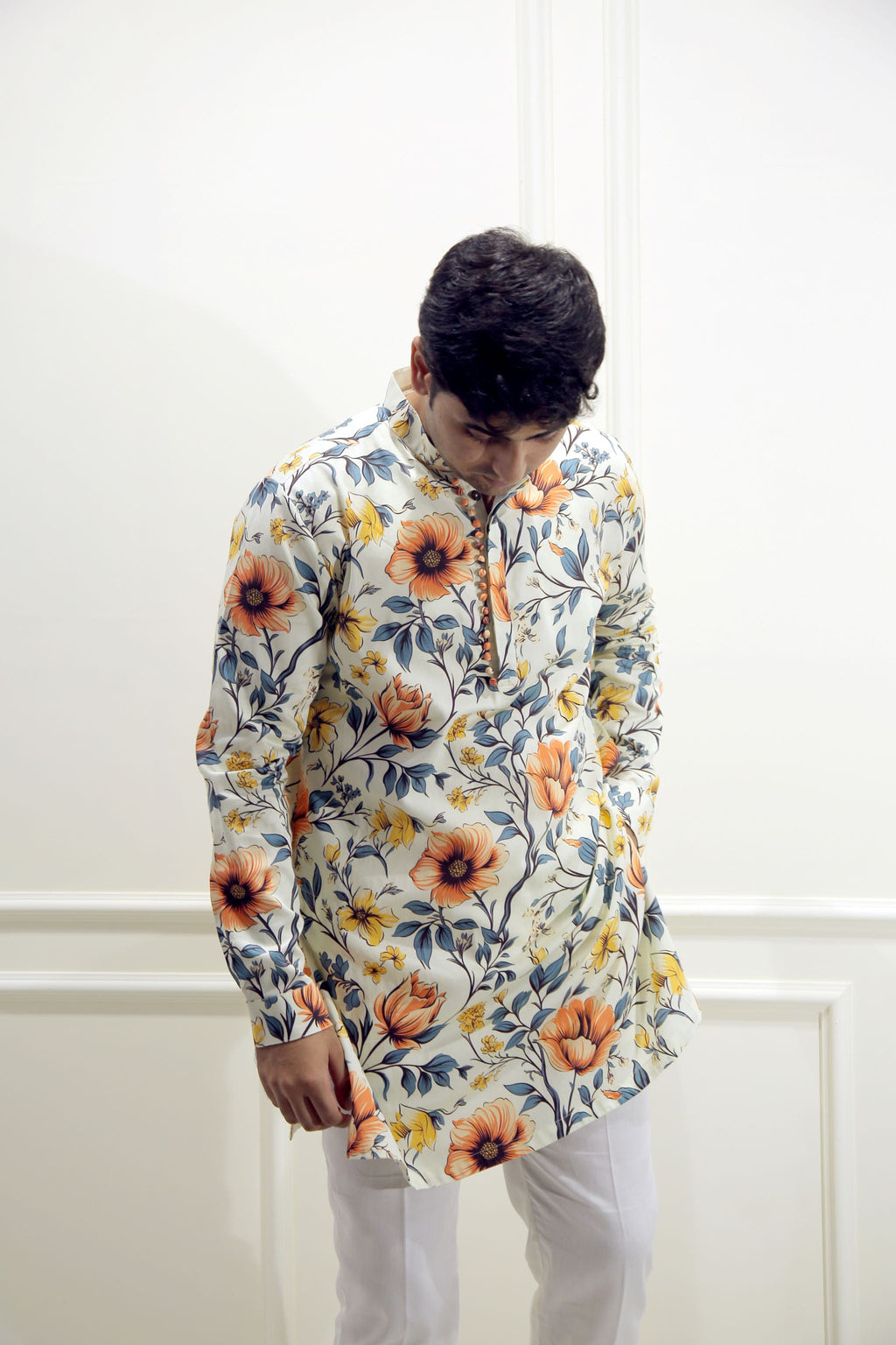 Men's Sunlight Beige Floral Printed Cotton Silk Kurta