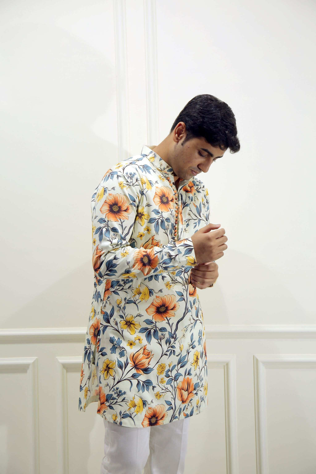 Men's Sunlight Beige Floral Printed Cotton Silk Kurta Kurta Mid Length Kurta