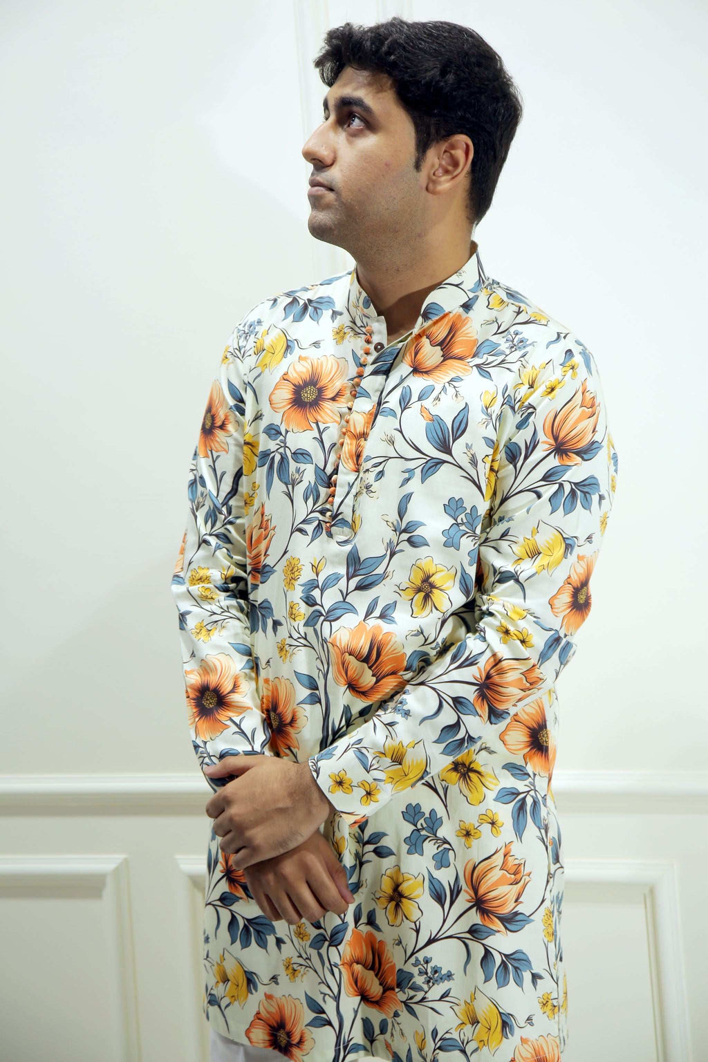 Men's Sunlight Beige Floral Printed Cotton Silk Kurta Kurta Mid Length Kurta