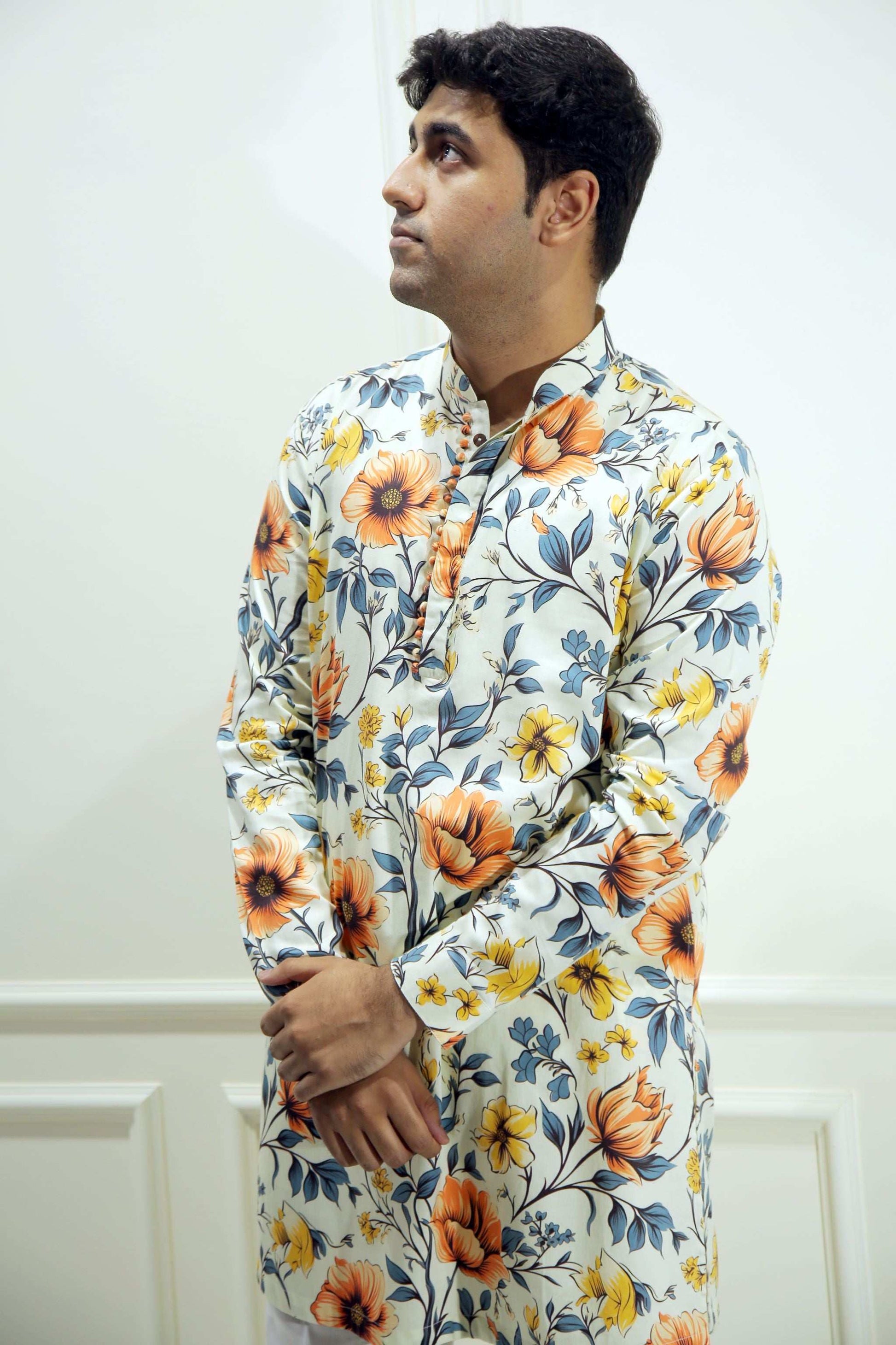 Men's Sunlight Beige Floral Printed Cotton Silk Kurta Kurta Mid Length Kurta
