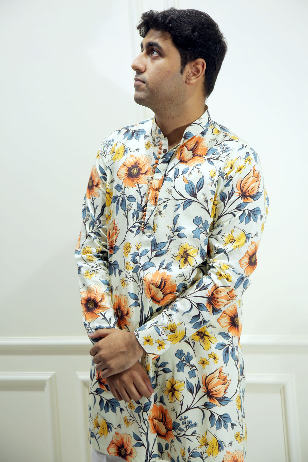 Men's Sunlight Beige Floral Printed Cotton Silk Kurta