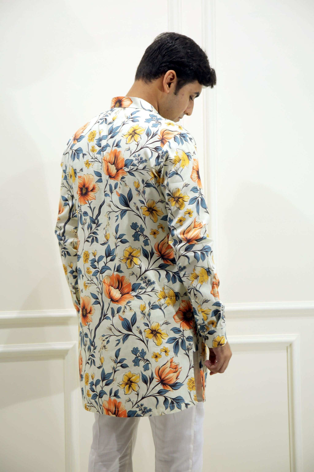 Men's Sunlight Beige Floral Printed Cotton Silk Kurta Kurta Mid Length Kurta