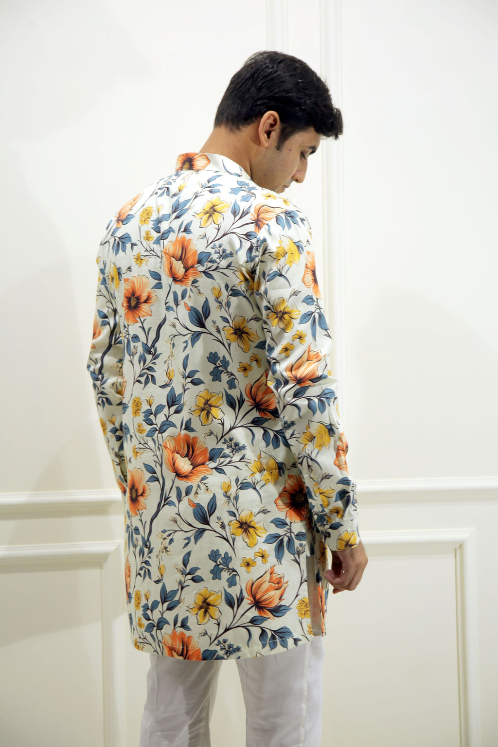 Men's Sunlight Beige Floral Printed Cotton Silk Kurta