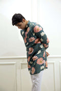Men's Emerald Green Floral Printed Cotton Silk Kurta Kurta Mid Length Kurta