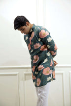 Men's Emerald Green Floral Printed Cotton Silk Kurta Kurta Mid Length Kurta