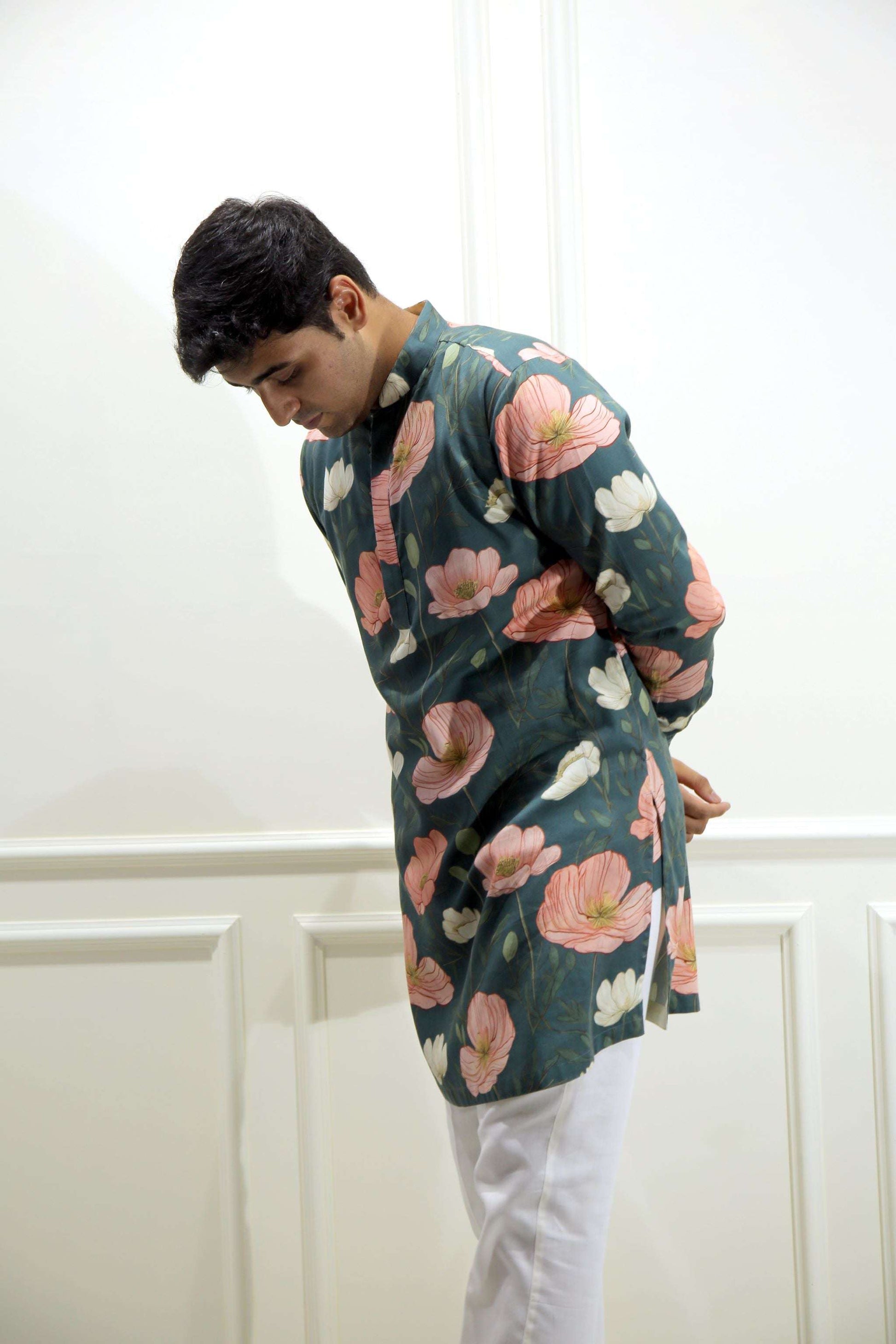 Men's Emerald Green Floral Printed Cotton Silk Kurta Kurta Mid Length Kurta