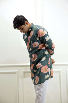 Men's Emerald Green Floral Printed Cotton Silk Kurta
