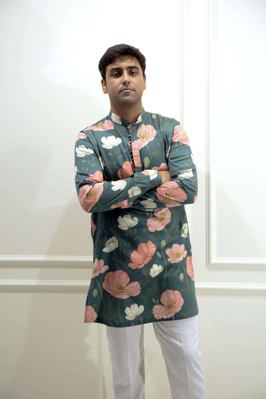 Men's Emerald Green Floral Printed Cotton Silk Kurta Kurta Mid Length Kurta
