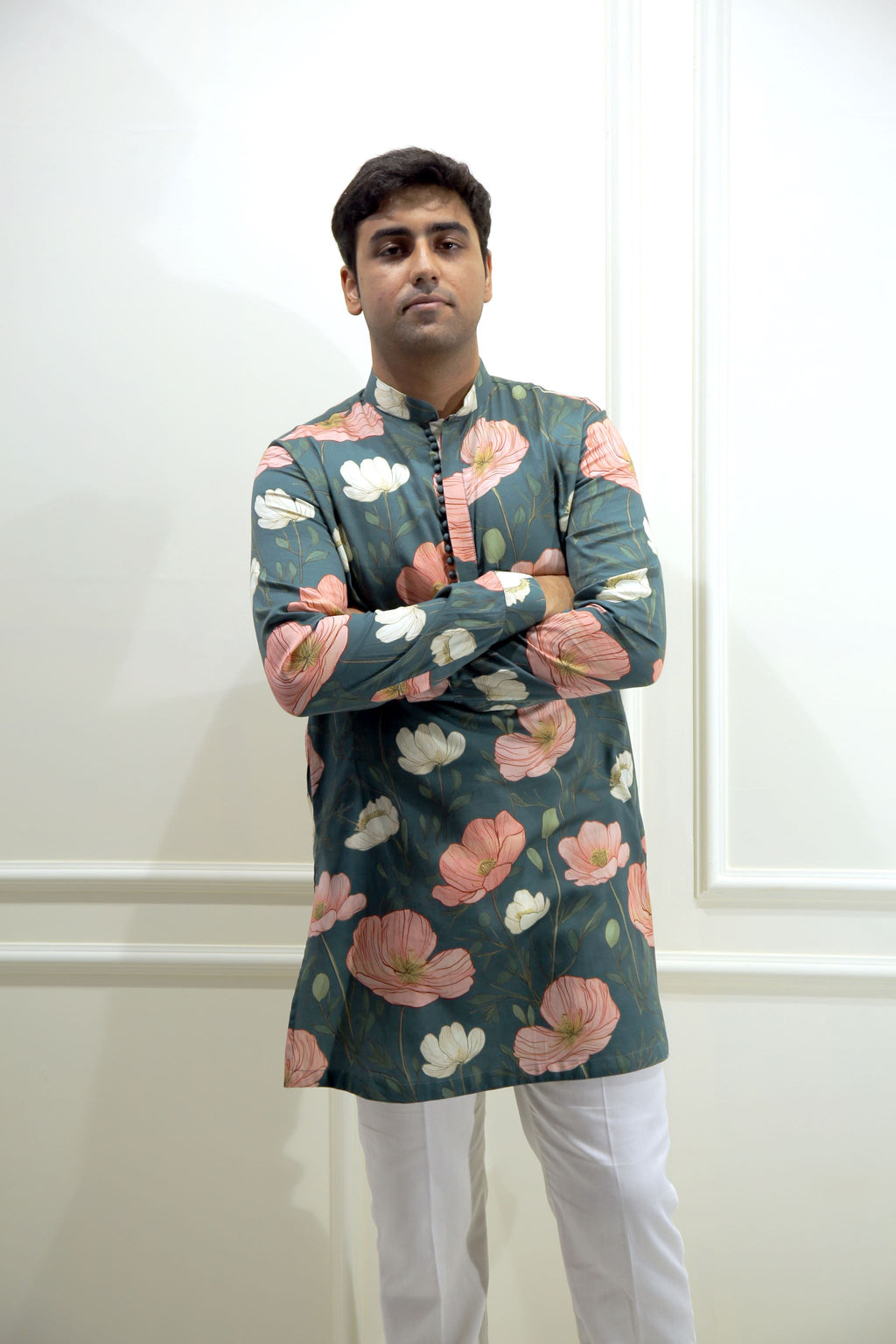 Men's Emerald Green Floral Printed Cotton Silk Kurta